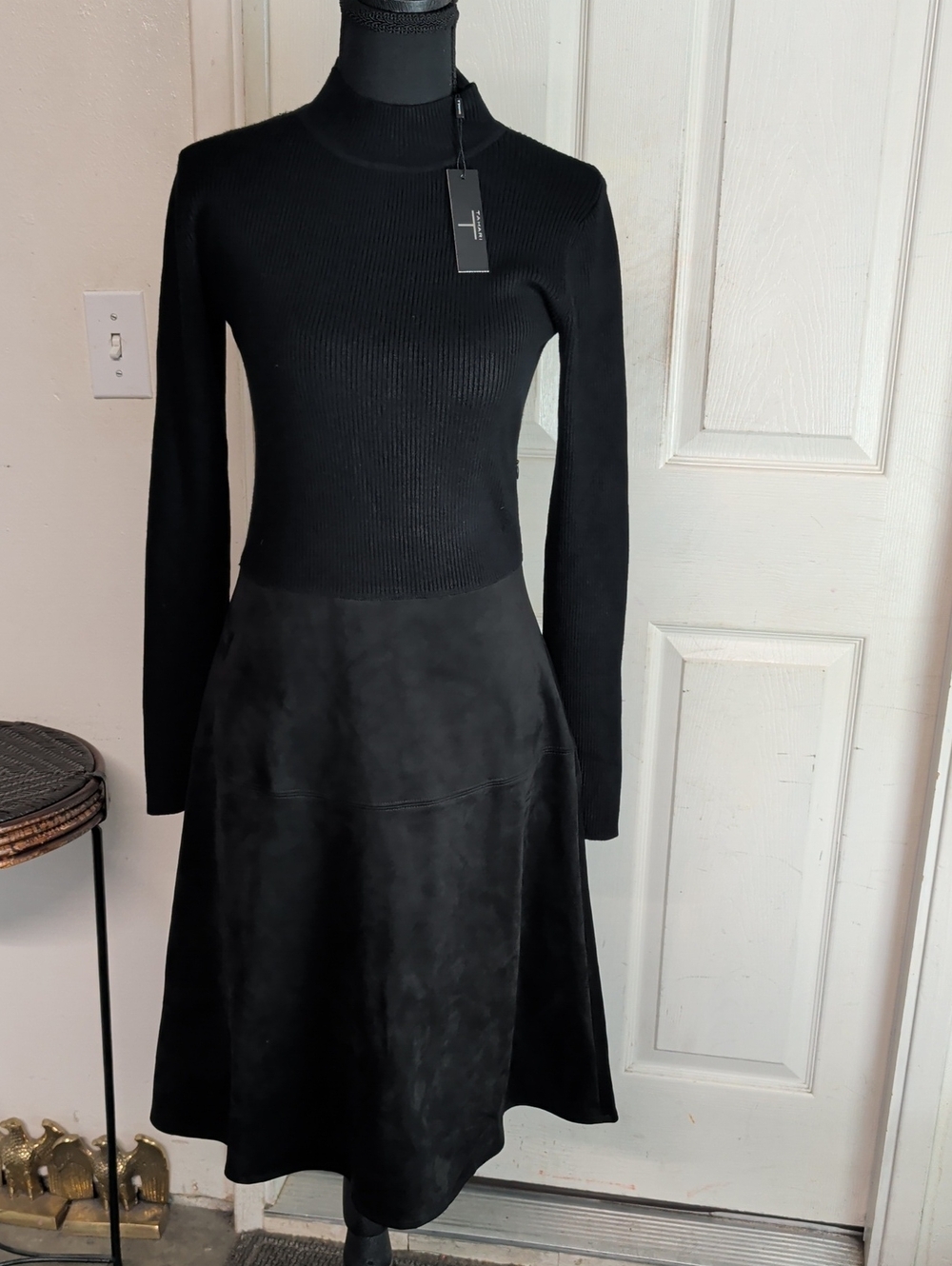 T Tahari Womens S Black Ribbed Bodycon Flare Dress Mock Neck Long Sleeve New